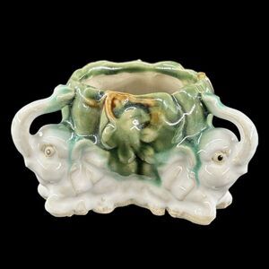 VTG Majolica-Style Ceramic Elephants Trunks Raised, Good Luck Planter Circa1950